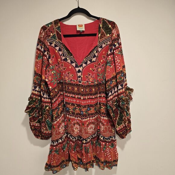 Farm Rio Tropical Shine Dress XL Boho CELEBRITY Party Balloon Sleeve Resort Vaca - Picture 4 of 16